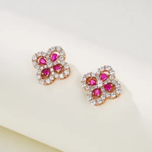 Cultured Ruby S925 Silver Four Leaf Clover Stud Earrings