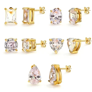 Custom 18K PVD Gold Plated Stainless Steel Square Geometric CZ Stud Earrings Waterproof Hypoallergenic Women’s