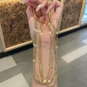 Custom 18K Solid Gold Beaded Clover Station Necklace Four Leaf Clover Chain