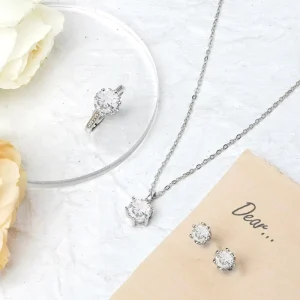 Custom 3-Piece Solitaire CZ Fine Jewelry Set Personalized S925 Silver 6-Prong Setting Engraving Size Options