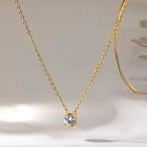 Custom 316L Stainless Steel 18K PVD Gold-Plated Round Cubic Zirconia Square Bezel Pendant Necklace