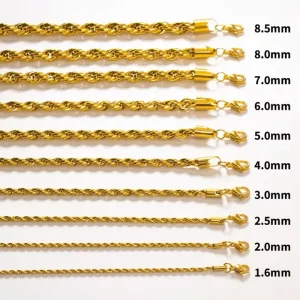 Custom 316L Stainless Steel Rope Chain Necklace PVD 18K Gold Plated Waterproof Non-Tarnish Men’s Women’s