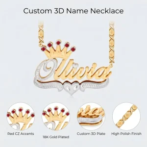 Custom 3D Double-Plated 18K Gold Hip-Hop Crown Nameplate Necklace for Women