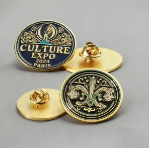 Custom 3D Metal Enamel Brooch, Vintage Gold Flower Design, Butterfly Back