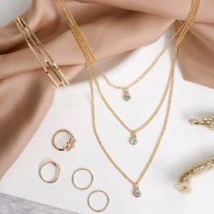 Custom 925 Silver Gold-Plated CZ Multi-Strand Choker Necklace, Ring and Solitaire Pendant Jewelry Set