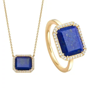 Custom 925 Silver Lapis Pave Slice Landscape Pendant Necklace Set