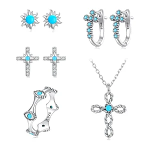Custom 925 Sterling Silver Blue Turquoise Cross and Sun Earrings, Ring, and Necklace Jewelry Set