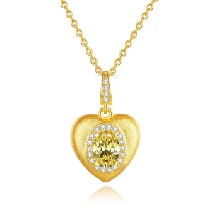 Custom 925 Sterling Silver Gold Plated Brushed Natural Crystal Heart Pendant Necklace