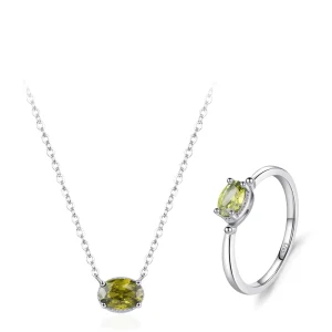 Custom 925 Sterling Silver Green Gemstone Necklace and Zircon Ring Jewelry Set for Women