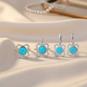Custom 925 Sterling Silver Natural Opal Pendant, Ring and Earrings Jewelry Set for Women