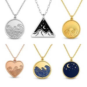 Custom 925 Sterling Silver Sea Wave Logo Engraved Silver Tone Charm Necklace With Chain