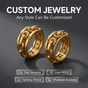 Custom Cuban Chain Gear Ring Men’s Gold-Plated Stainless Steel Steampunk Punk OEM Service