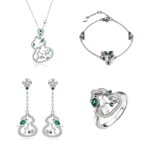 Custom Fine Jewelry Set with Lab Created Emerald, 925 Silver Necklace, Earrings, Bracelet, and Rings for St. Patrick’s Day