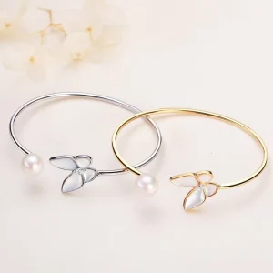 Custom Freshwater Pearl Butterfly Open Bangle Bracelet Gold Silver Plated Shell Charm Unisex