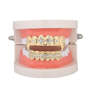 Custom Gold-Plated Hip Hop Grillz Iced Out Rhinestone Teeth Jewelry Set for Men