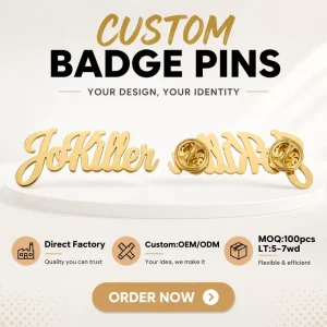 Custom Gold Plated Stainless Steel Hollow Script Name Lapel Pin OEM Personalized Cut-Out Letter Badge Manufacturer