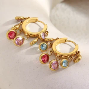 Custom Gold Triple Rainbow Multicolor CZ Drop Huggie Earrings in 316L Stainless Steel