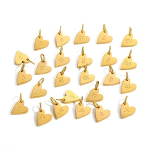 Custom Initial A-Z Alphabet 18K Gold Plated Stainless Steel Heart Engraved 26 Letter Charms for Children