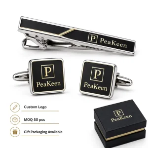 Custom Logo Cufflinks and Tie Clips Set, Gold or Silver Stainless Steel Zinc Alloy