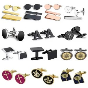 Custom Logo Silver Stainless Steel Cufflinks Gift Set for Men