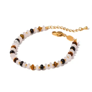 Custom Logo Titanium Steel Gold Plated Natural Stone Beaded Chain Bracelet