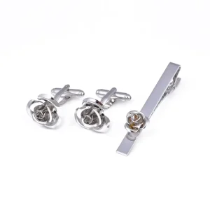 Custom Metal Cufflinks and Tie Clip Set, Rose, French Style, Business