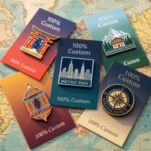 Custom Metal Enamel Pins for Travel Souvenirs with City Skyline Japan Torii Mountain and Compass Designs