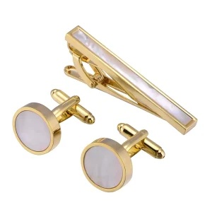 Custom Mother-of-Pearl Shell Stone Cufflinks and Tie Pin Set