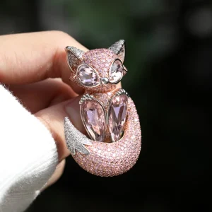 Custom Pink Zircon Fox Brooch Animal Accessory Wedding Gift