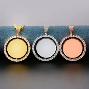 Custom Round Rotatable Photo Engraved Gem Pendant Necklace