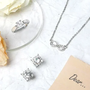 Custom S925 Silver Infinity Symbol CZ Jewelry Set with Square Halo Earrings, Engraving and Size Options