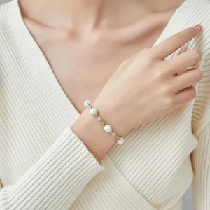 Custom Stainless Steel Beaded Pearl Bracelet and Bangle Set, 14K/18K Gold-Plated, for Women