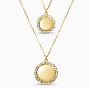 Custom Stainless Steel CZ Pave Coin Pendant Necklace with Round Disc Charm