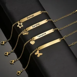 Custom Stainless Steel Figaro Chain Butterfly Love Pentagram Crown Charm Bracelet