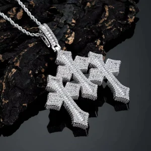 Custom Three-Cross Crystal Pendant with Baguette Diamond Charm