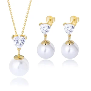 Custom Vintage 925 Silver Triangle CZ Gold Plated Pearl Charm Earring and Necklace Jewelry Set for Wedding