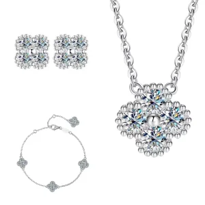 Customizable Luxury Rhodium Plating S925 Sterling Silver Four leaf Clover Moissanite Necklace Earrings Bracelet Gift Set for