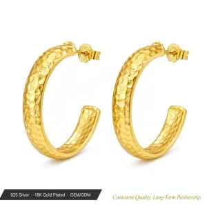 Customized Hammered Texture C Hoop Earrings 925 Sterling Silver 18K Gold Plated Chunky Demi-Fine