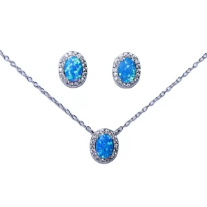 Customized Oval Blue Japanese Opal Rhodium-Plated Cubic Zirconia Earrings and Necklace 925 Sterling Silver Jewelry Set