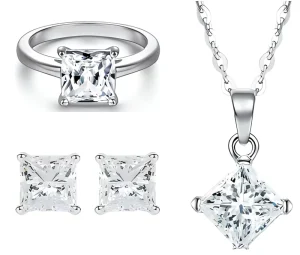 Customized S925 Silver 1-Carat Princess Square Moissanite Ring Earrings and Necklace Set for Women