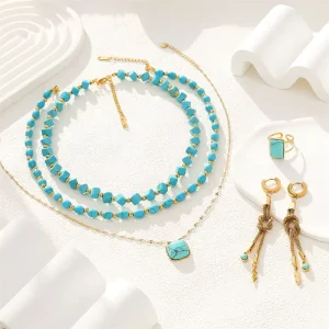 Customized Stainless Steel Turquoise-Inlaid Jewelry Set: Pendant Necklace, Beaded Bracelet, Chain, Earrings, and Ring
