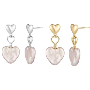Customized Women’s S925 Baroque Cultured Freshwater Pearl Drop Earrings with Love Heart Design