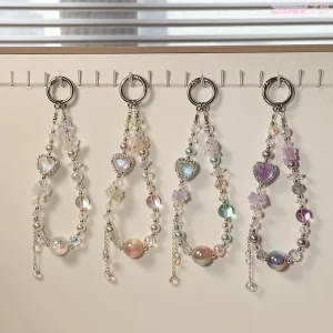 Cute Beaded Heart Charm Keychain Elegant Crystal Silver Bag Charm