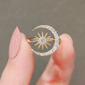Cute Design 18k Gold Color Plated Moon Star Zirconia Ring Open Adjustable Fine Rings Women Girls Fashion Jewelry
