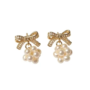 Cute Tiny Bow Pearl Snowball Dangle Earrings Handmade Multi Mini Natural Freshwater Pearl Elegant Fine Jewelry