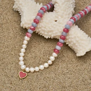 D790 Handmade Freshwater Pearl Heart Charm Necklace with Natural Stone and Stainless Steel Collarbone Chain