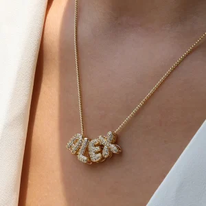 DIY Gold-Plated Bubble Name Necklace with Diamond Initial Puff Pendant and Zircon