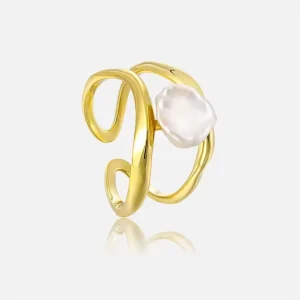 Dainty 925 Sterling Silver Double-Chain Baroque Pearl Ring