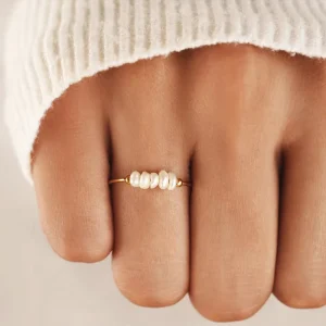 Dainty Freshwater Pearl Rings, Waterproof 18K Gold Plated Stainless Steel, for Women