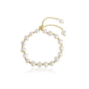 Dainty Stackable 14K Gold-Plated Baroque Natural Pearl Adjustable Colored Pearl Bangle Bracelet for Women